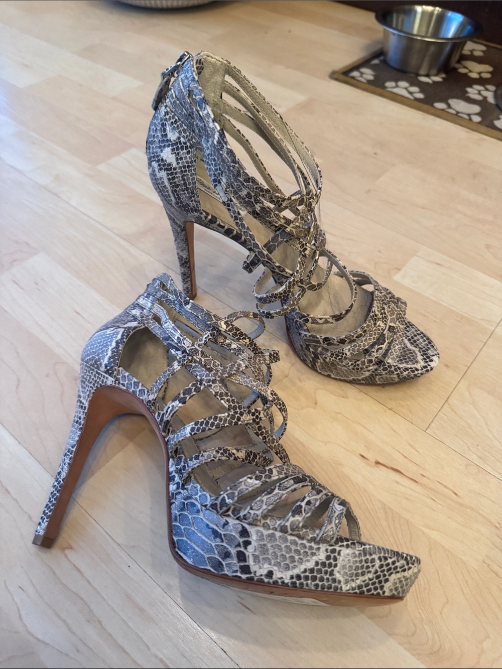 Pour La Victoire Snake-Print Strappy Stiletto Sandals in Gray and White